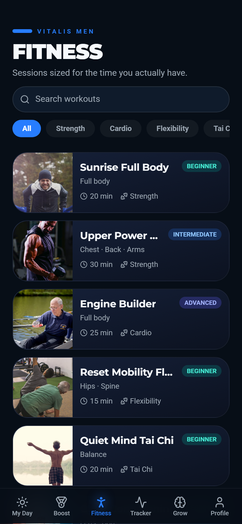 Fitness workouts screen